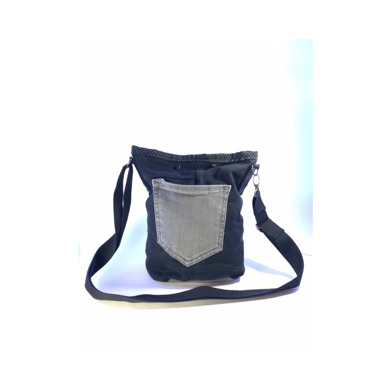 annsocreations jeans noir gris tissu noir à pois blancs pièce unique confection française sangle réglable noire sympa originale