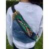 Sac banane en jeans et wax coloré vert jaune noir blanc pièce unique sympa recyclée unique sangle 3cm noire réglable